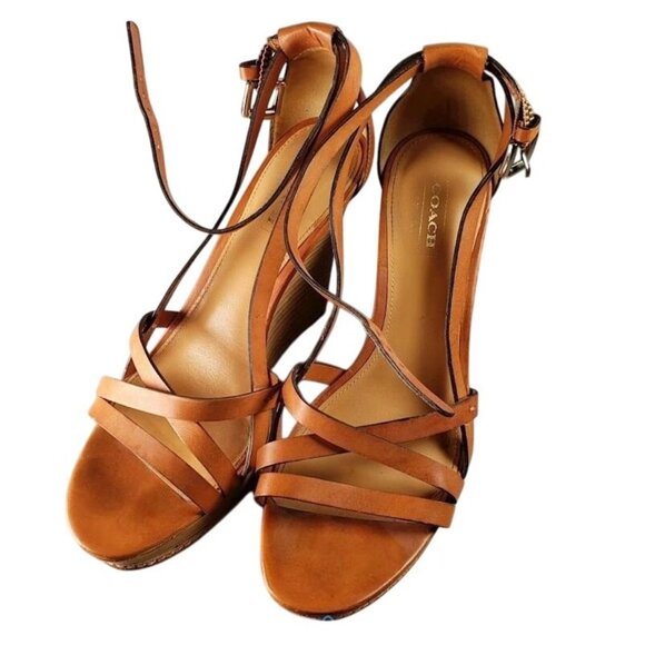 Coach Tan Leather Wedge Sandals With Strappy Design & Adjustable Ankle Strap For - Picture 1 of 6